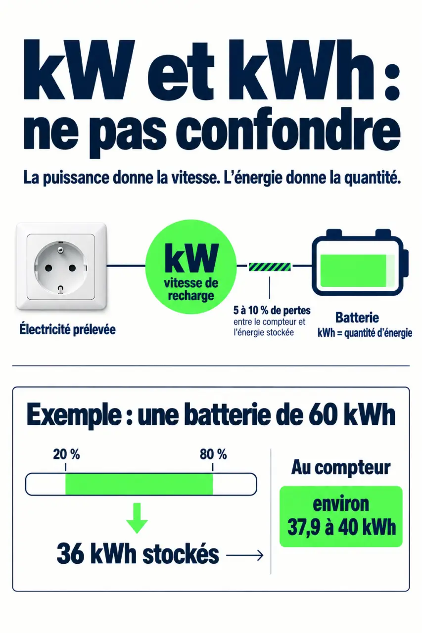 Combien de kWh pour recharger une voiture électrique : différence entre énergie stockée et énergie prélevée au compteur