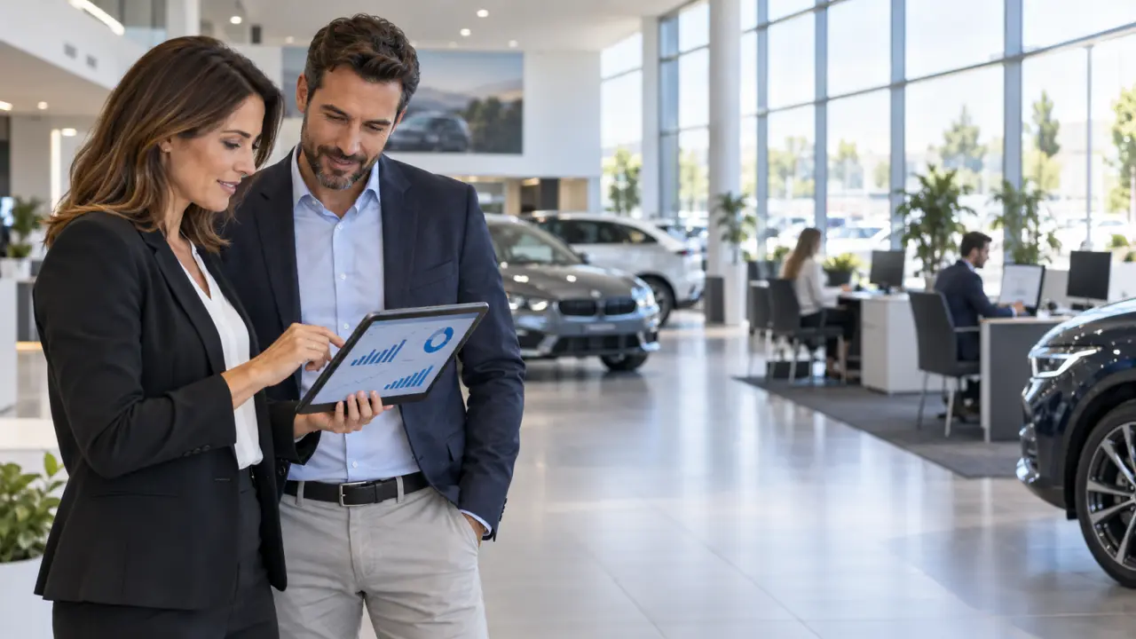 Équipe commerciale d'une concession automobile analysant ses performances sur un tableau de bord numérique