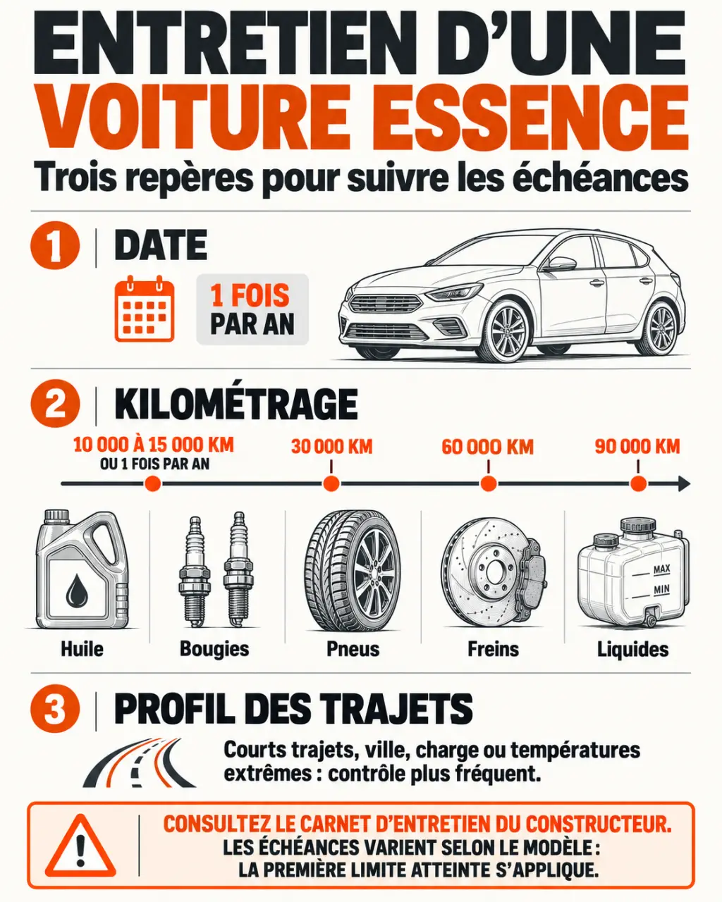 Infographie sur l'entretien voiture essence selon la date, le kilométrage et l'usage