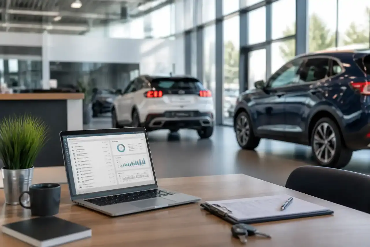 Showroom automobile moderne et connecté illustrant l'usage d'un CRM en concession