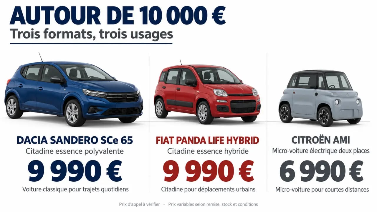 Voiture neuve 10000 euros : comparaison visuelle entre Sandero, Panda hybride et Citroën Ami