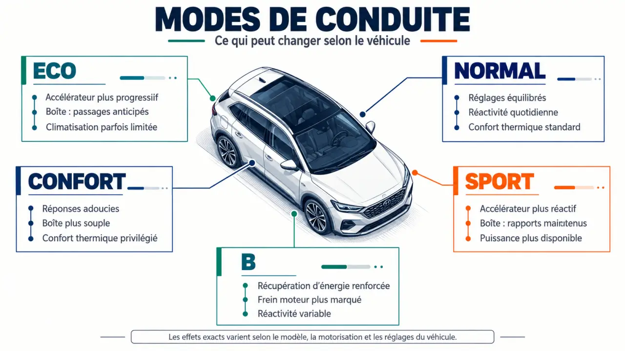 Mode eco voiture : schéma comparatif des modes Eco, Normal, Confort, Sport et B