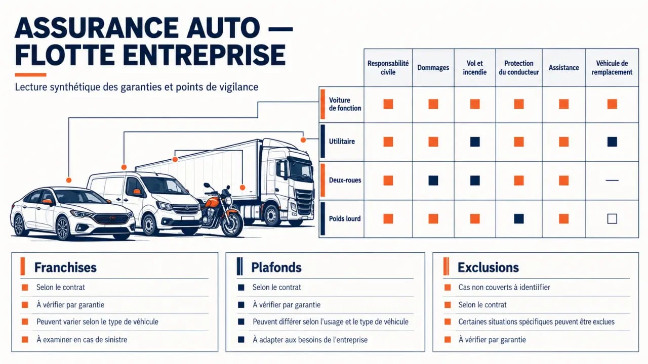 Infographie sur l’assurance auto flotte entreprise et les principales garanties d’un parc professionnel