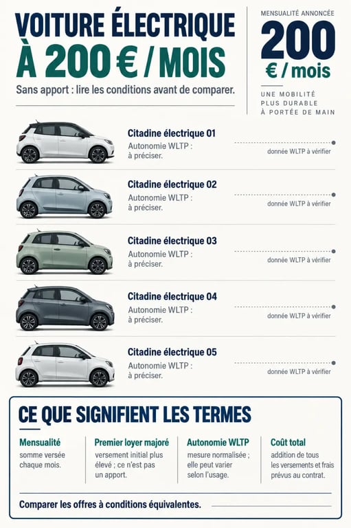 Infographie sur une voiture électrique à 200 euros par mois sans apport et comparaison des autonomies