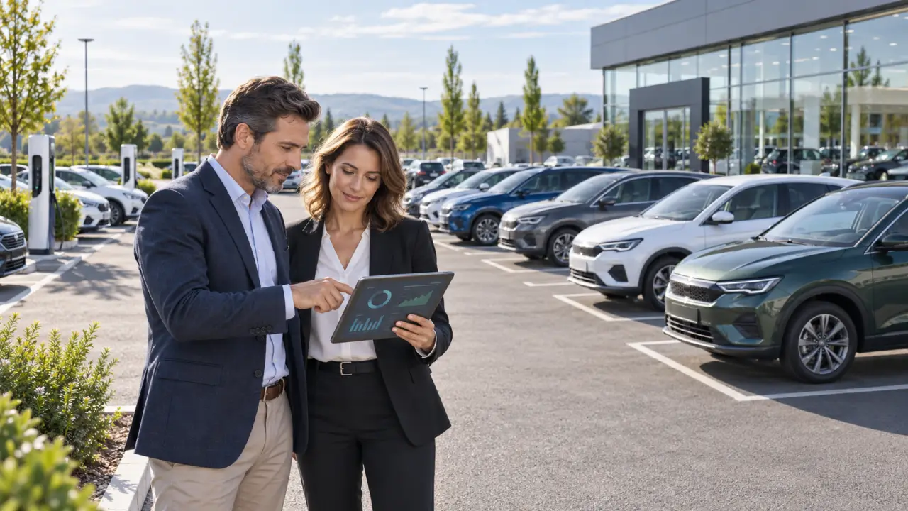 Gestionnaire analysant les stocks de véhicules dans un showroom automobile