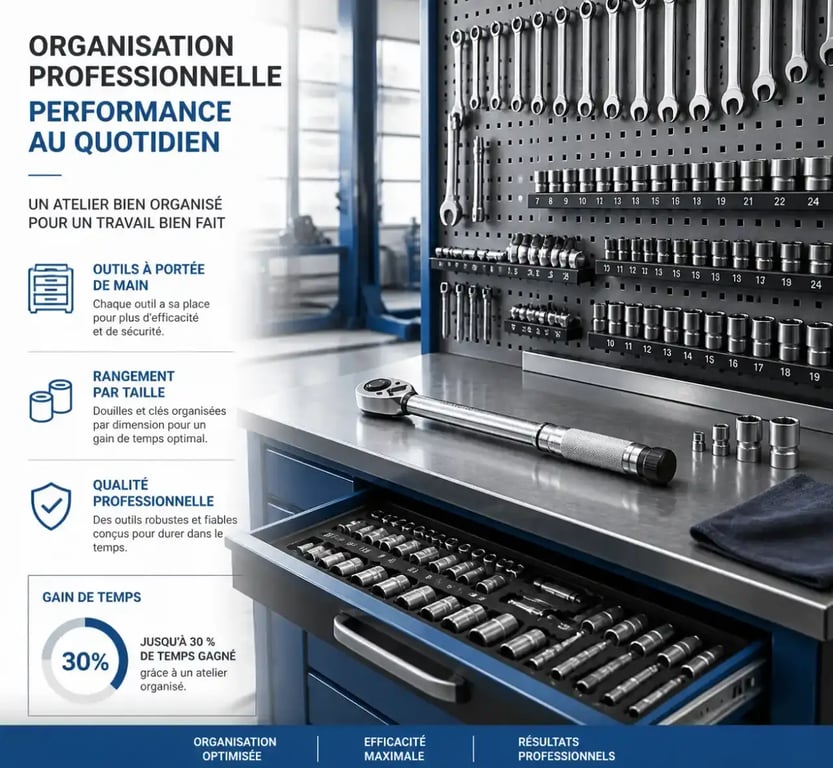 Outillage professionnel mecanique auto rangé sur panneau perforé et servante d'atelier