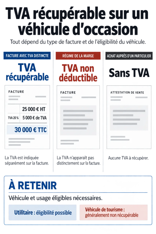 Infographie sur la tva recuperable vehicule : facture avec TVA, régime de la marge et achat auprès d’un particulier
