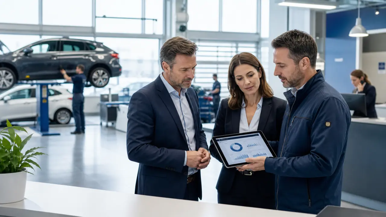 Atelier automobile moderne avec réception SAV structurée et écran de suivi client