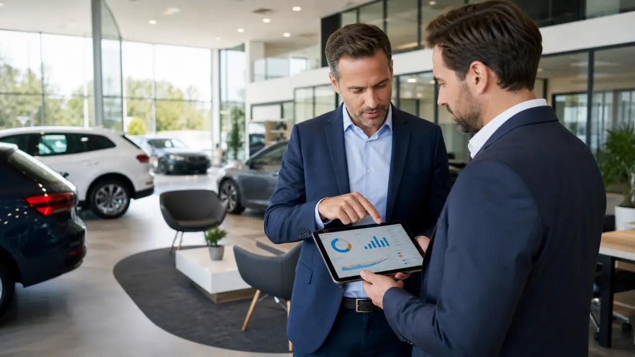 Showroom automobile moderne illustrant la performance commerciale d'une concession VO