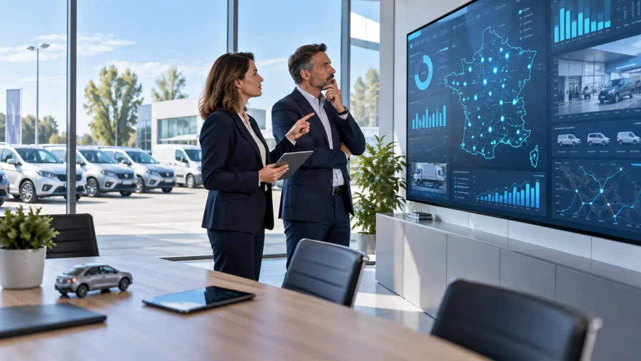 Responsable de flotte analysant un tableau de bord intelligent pour piloter des véhicules professionnels