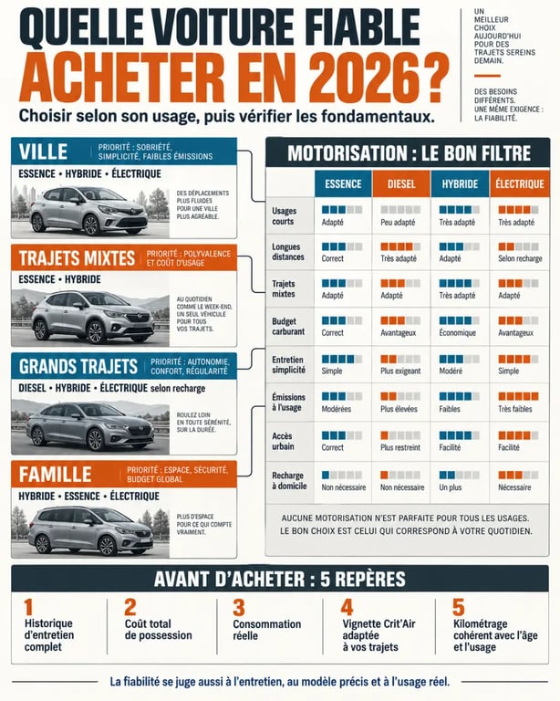 Infographie comparative pour choisir quelle voiture fiable acheter en 2026 selon l’usage et la motorisation