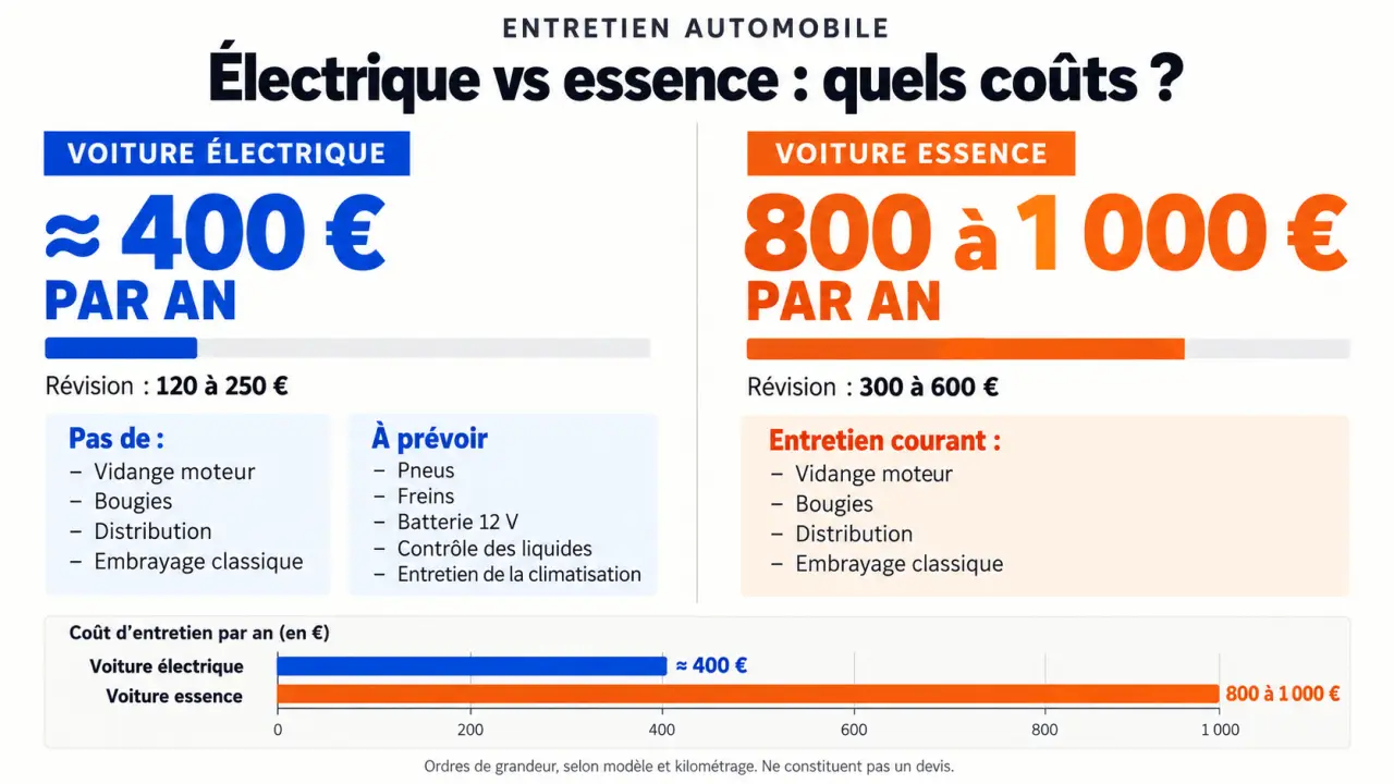 Infographie sur le coût entretien voiture électrique vs essence avec budgets annuels et postes de maintenance