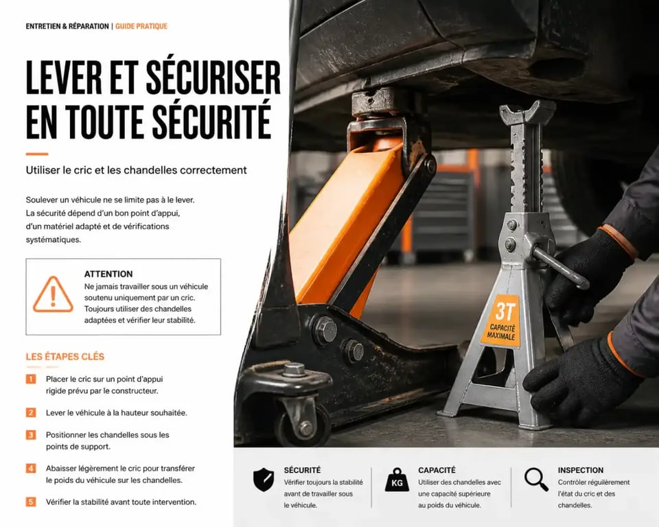 Levage sécurisé avec cric et chandelles pour outillage professionnel mecanique auto