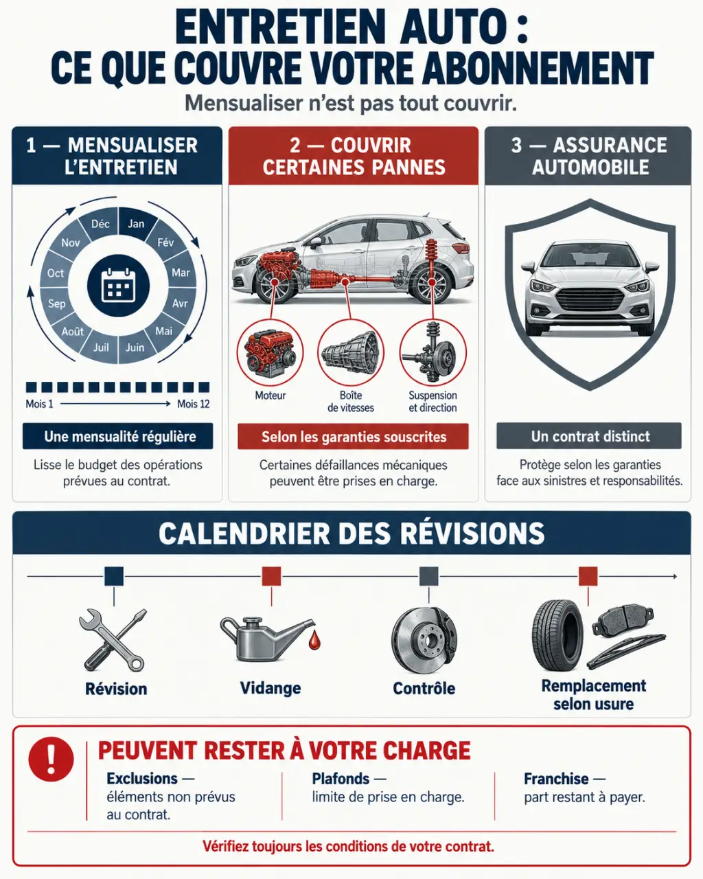 Infographie sur l’abonnement entretien voiture, les mensualités, les révisions et les exclusions