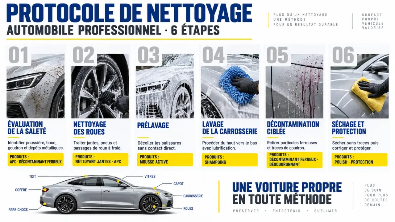 Protocole de produit de nettoyage voiture professionnel en six étapes