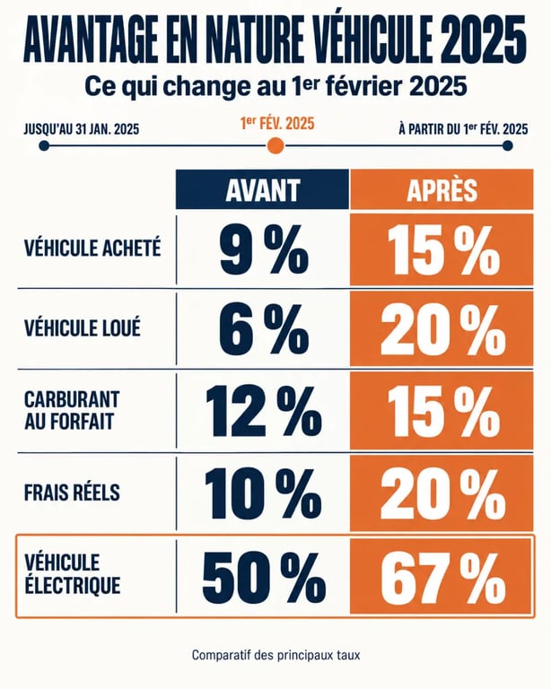 Infographie sur l’avantage en nature véhicule 2025 avant et après la réforme