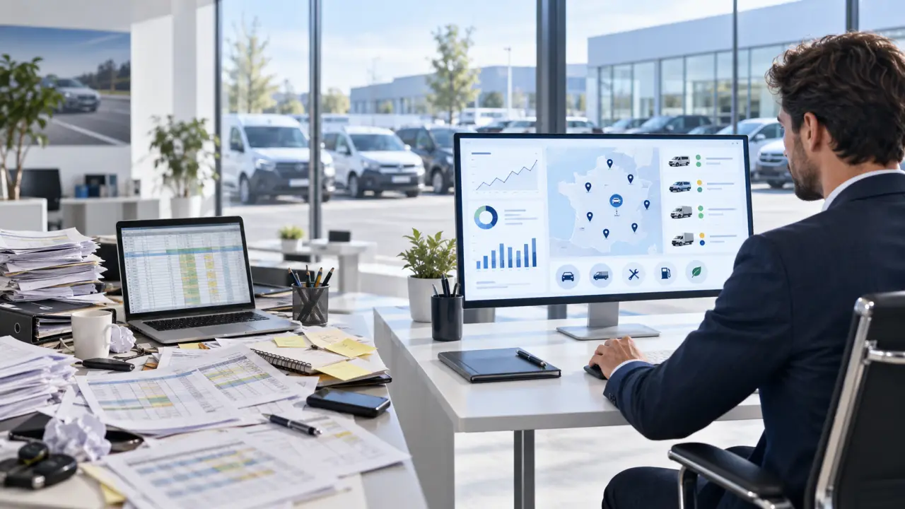 Gestionnaire analysant les performances d'une flotte automobile sur un tableau de bord numérique