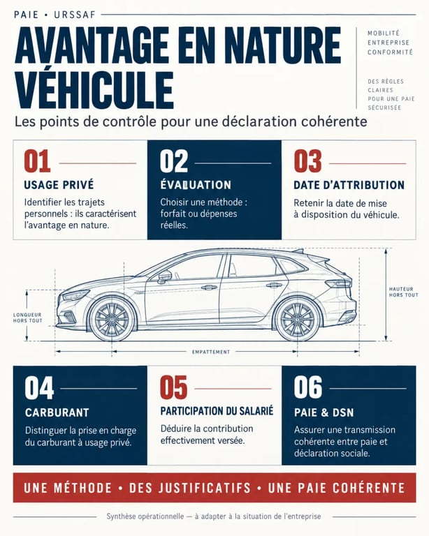 URSSAF avantage en nature véhicule : synthèse du calcul, du carburant et de la déclaration en paie