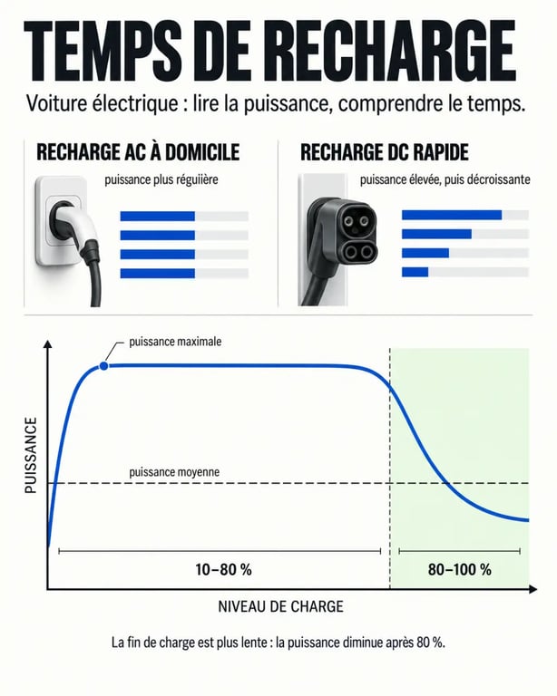 Tableau temps de recharge voiture électrique avec comparaison entre recharge AC et recharge DC