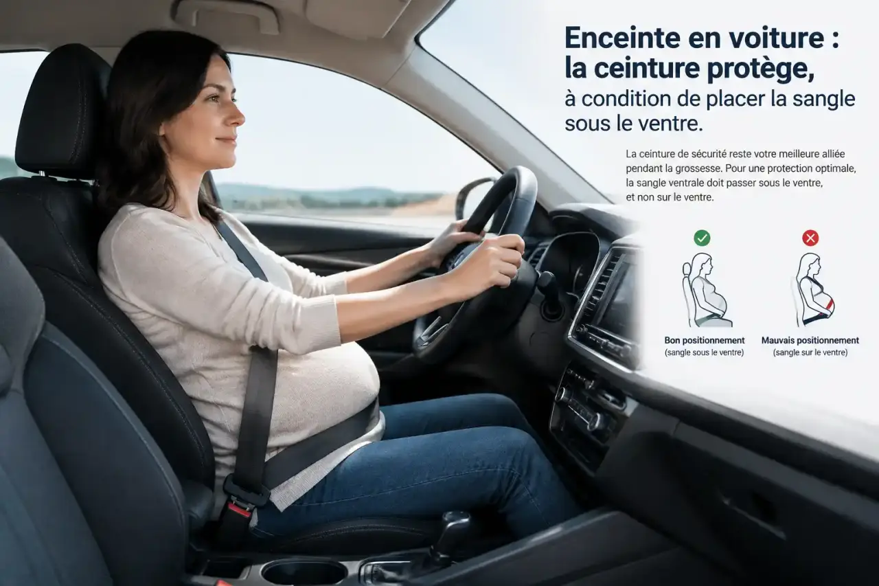 Enceinte en voiture : la ceinture protège, à condition de placer la sangle sous le ventre
