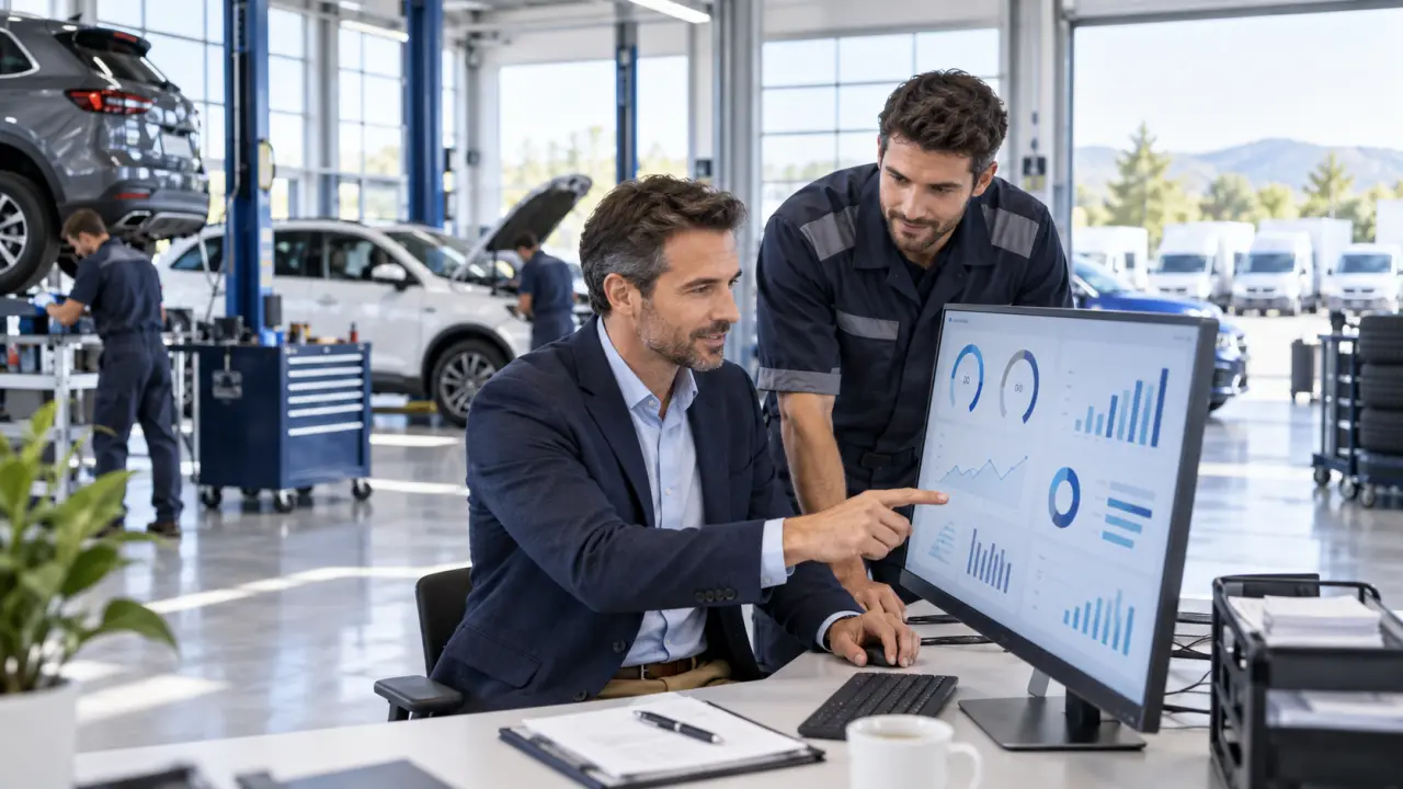 Responsable d’atelier automobile analysant des indicateurs de performance