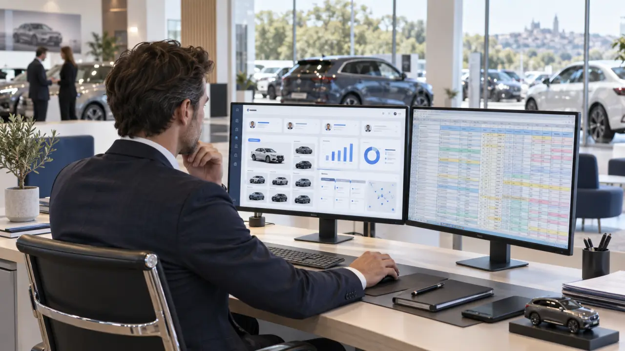 Professionnels d'une concession analysant les performances commerciales sur un outil numérique