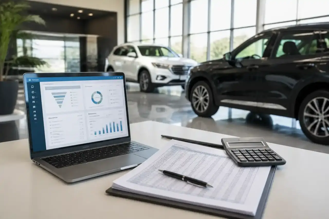 Showroom automobile moderne illustrant l'optimisation de la marge grâce à la donnée