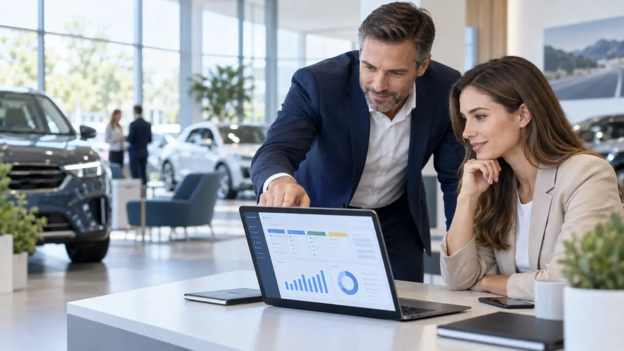 Équipe commerciale automobile pilotant un CRM concessionnaire dans un showroom