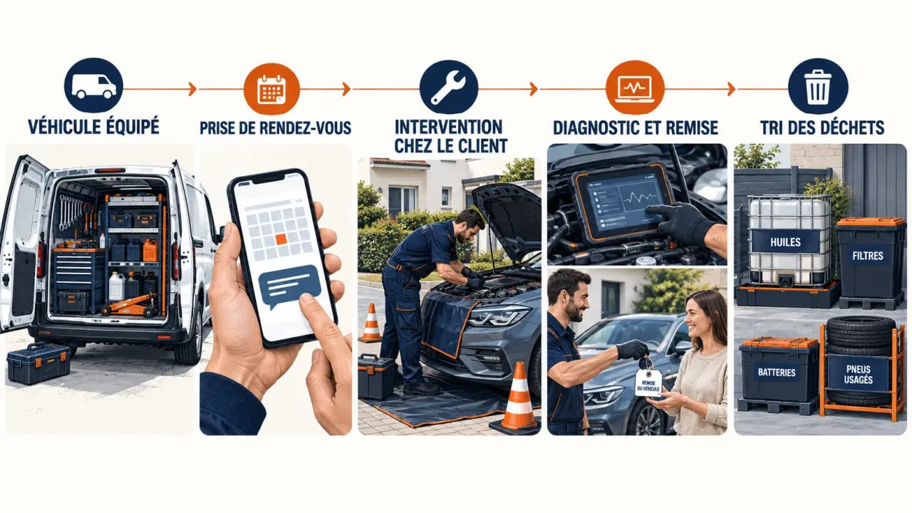 Parcours d’un auto-entrepreneur en mécanique à domicile, de la prise de rendez-vous au tri des déchets automobiles