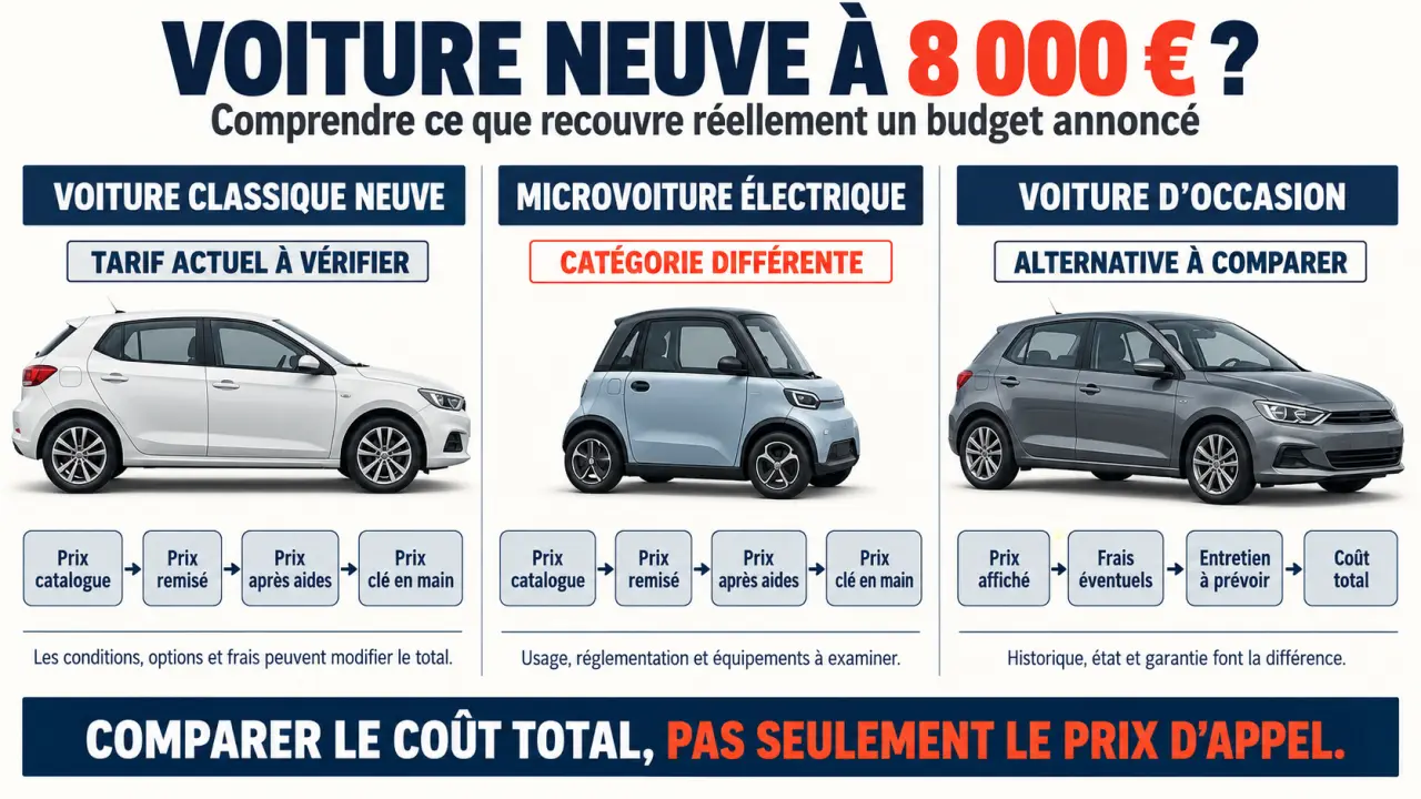 Infographie sur une voiture neuve 8000 euros : prix réel, microvoiture et alternative d’occasion
