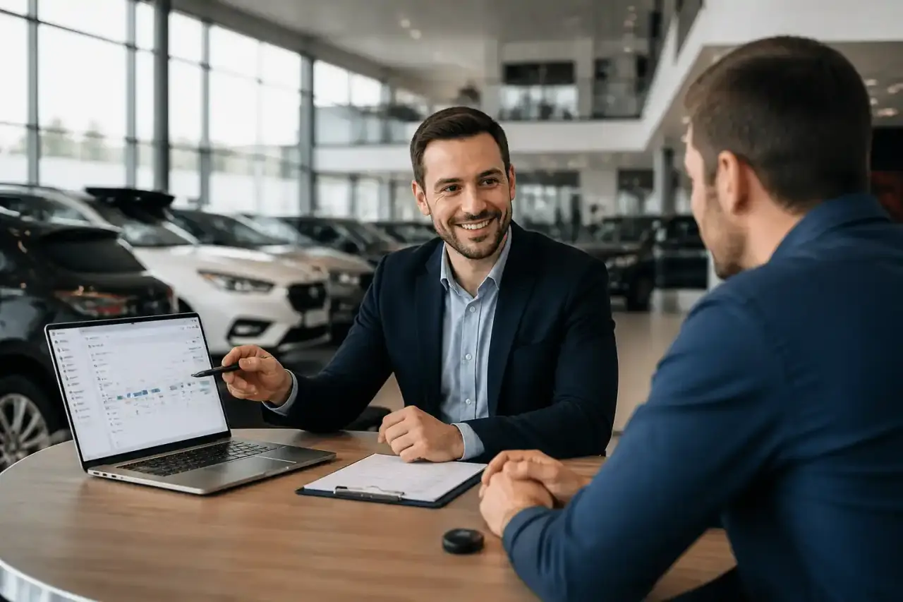 Tableau de bord CRM VO dans une concession automobile moderne