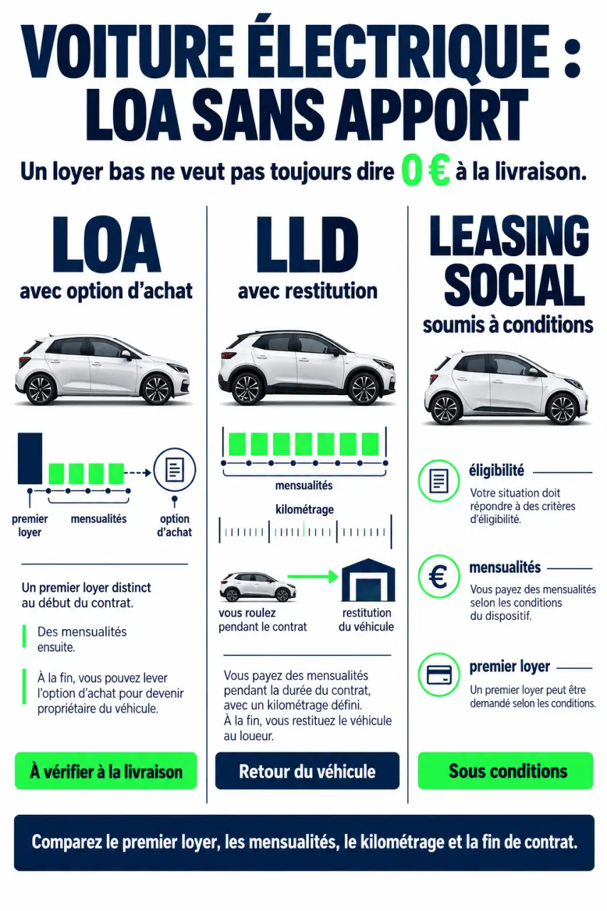 Infographie sur la voiture électrique LOA sans apport : LOA, LLD, leasing social et coûts à vérifier
