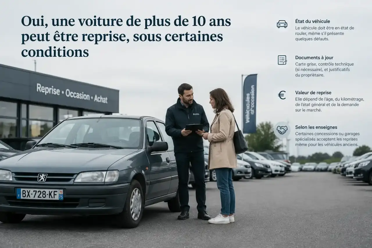 Oui, une voiture de plus de 10 ans peut être reprise, sous certaines conditions