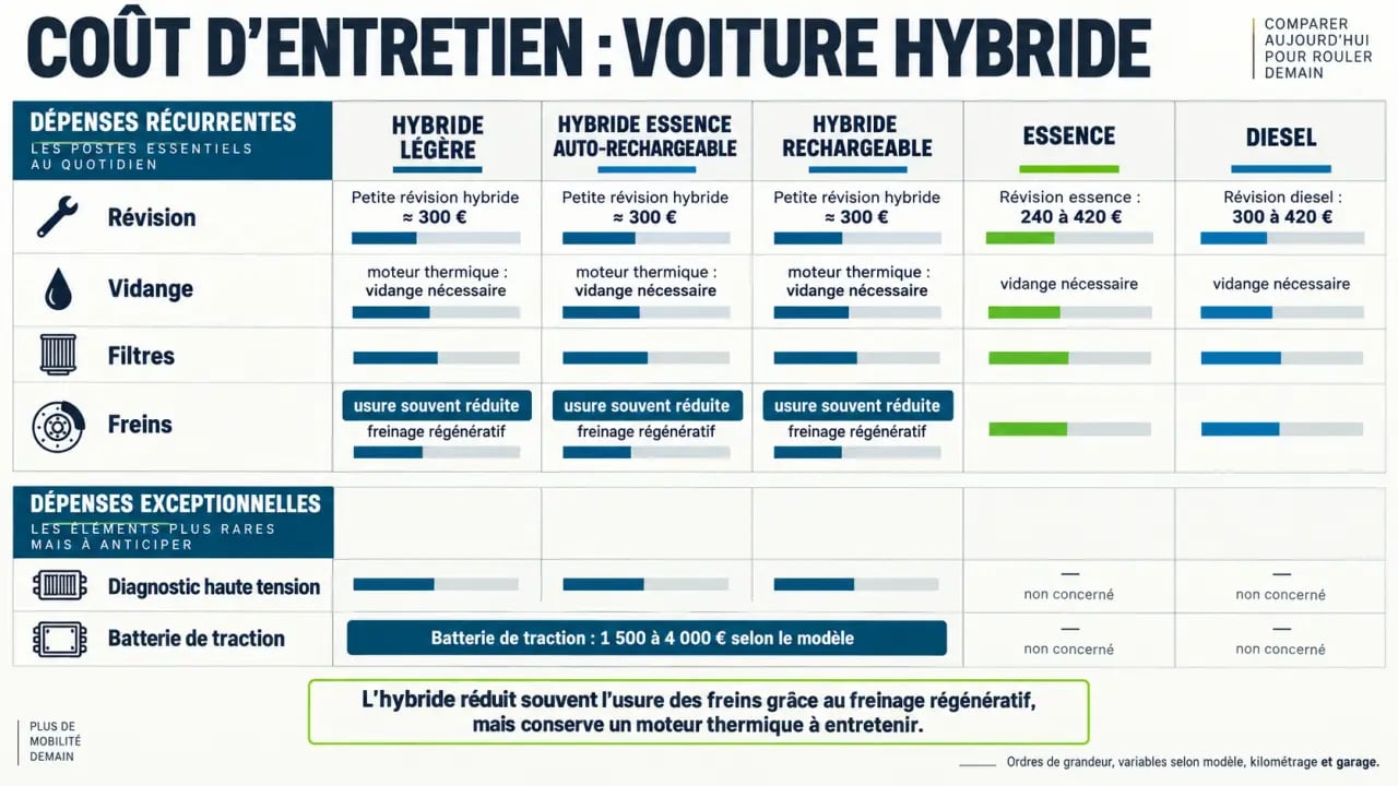 Infographie sur le coût entretien voiture hybride comparé à l’essence et au diesel