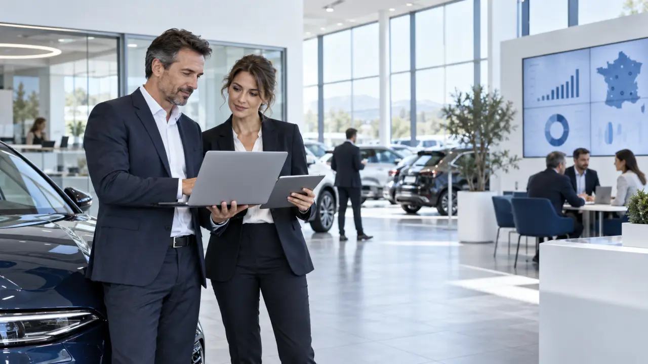 Professionnels d'une concession analysant les performances commerciales dans un CRM automobile