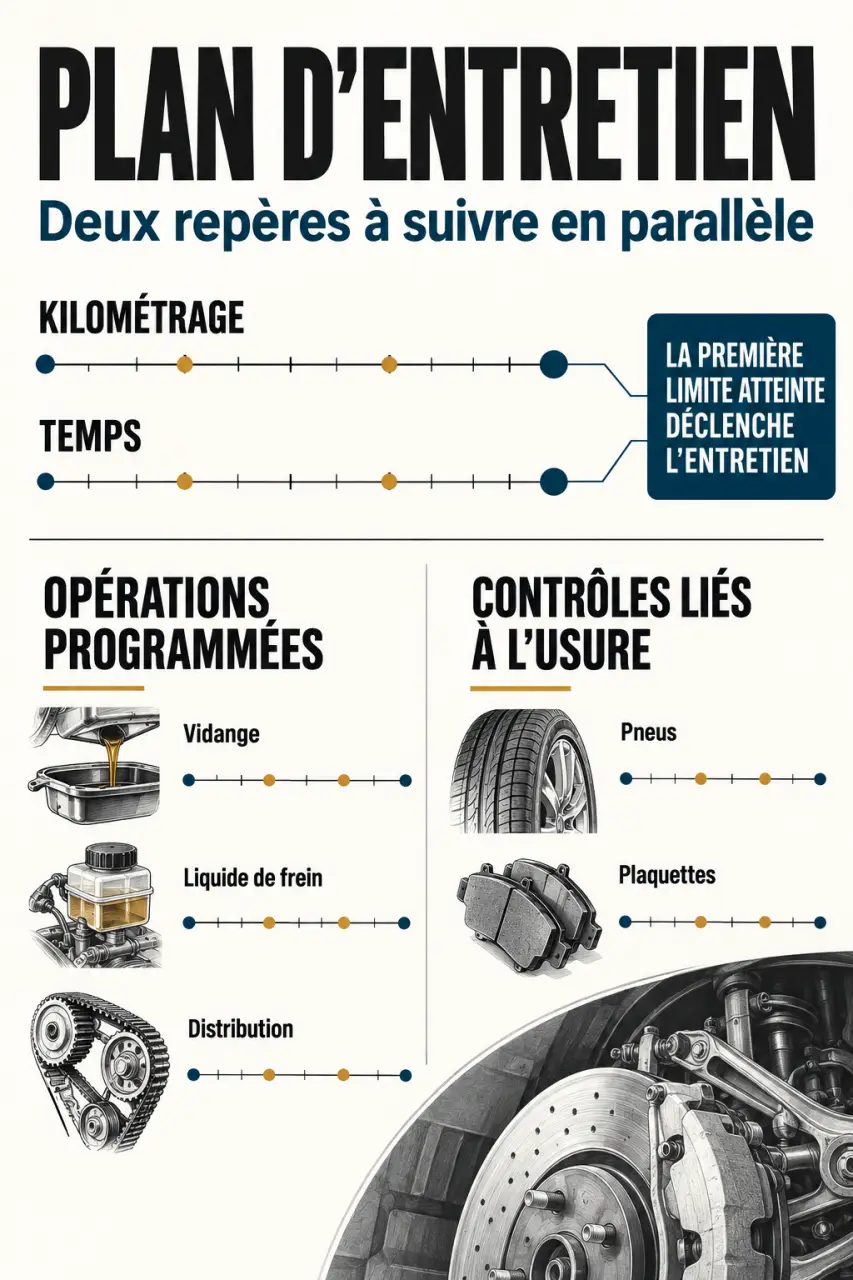 Infographie du plan entretien voiture avec échéances en kilomètres et en mois